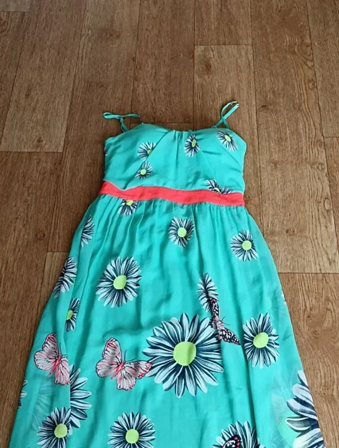 Шифоновый красивый женский сарафан в бабочки с лифом бирюза 2