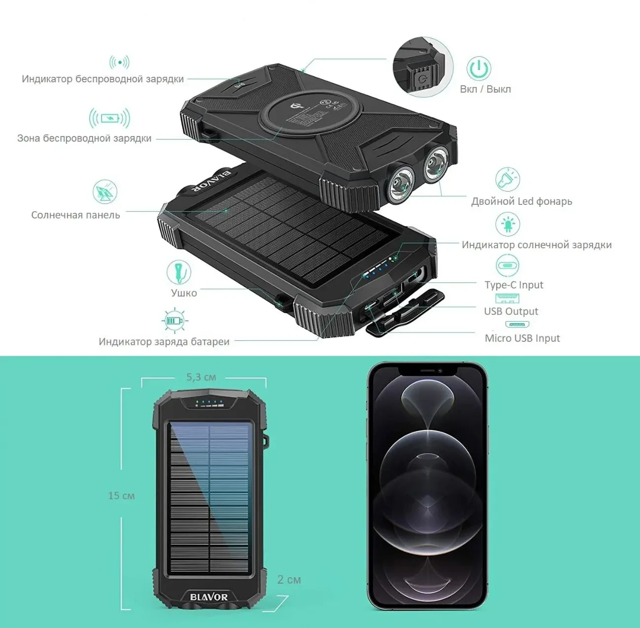 Беспроводная солнечная зарядка 10,000 мА-ч с двойным фонарем 2